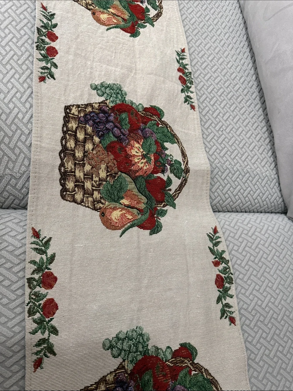 Vintage Tapestry Fruit Basket Embroidered Table Runner and 2 Placemats 70” Long